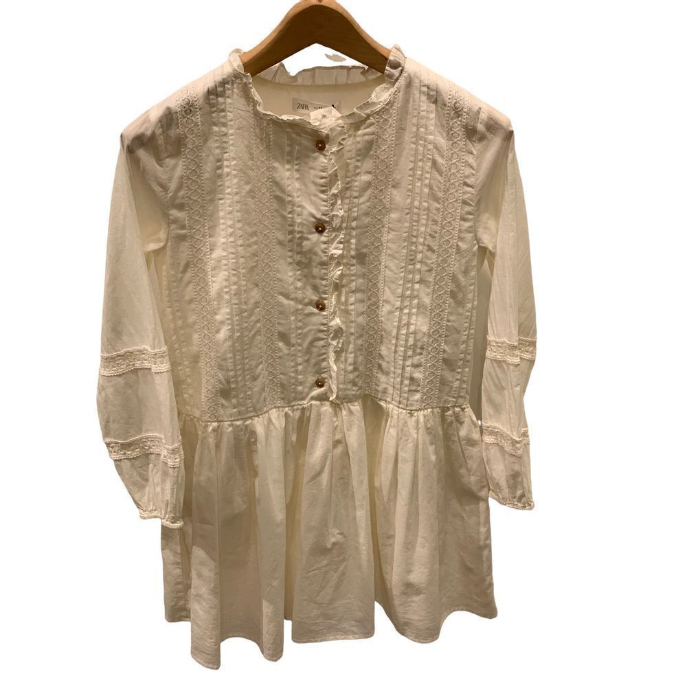 Zara Girls Ivory Long Sleeve Ruffle Button Front Dress size 13-14